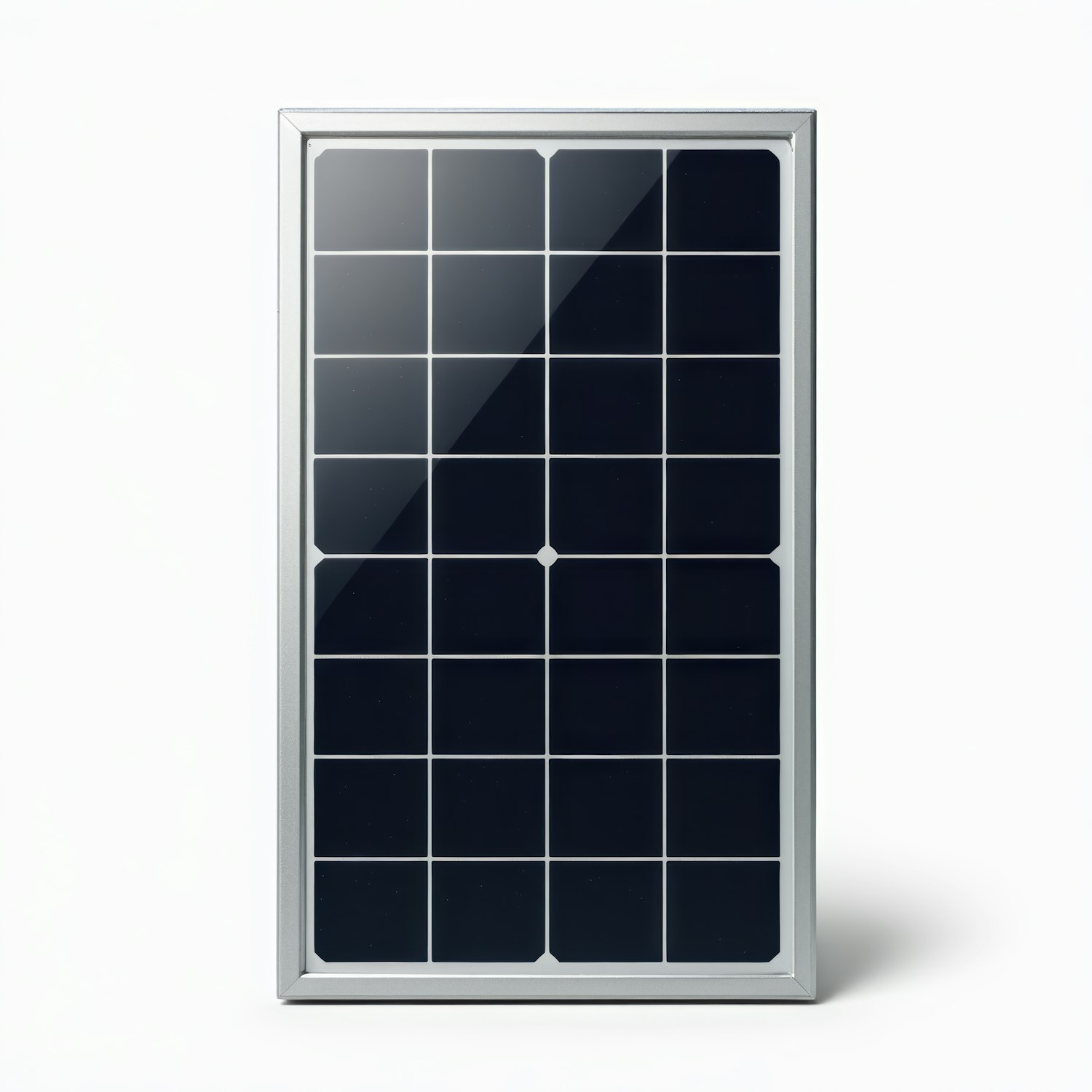 Close-up of a solar panel with dark blue cells in a silver frame, representing renewable energy